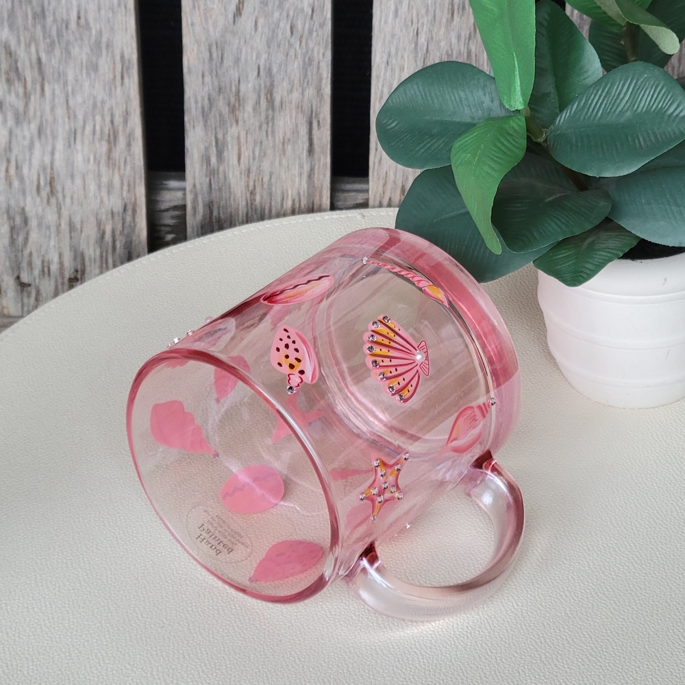 Seashells & Rhinestones Handpainted Pink Transparent Glass Mug - Picture 7 of 11